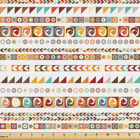 Ambesonne Ethnic Fabric by the Yard Upholstery, Triangle Circle Tribal Art, 5 Yards, Apricot Pale Redwood