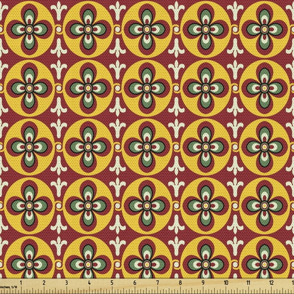 Ambesonne Ethnic Fabric by the Yard Upholstery, Vintage Boho Antique Tile, 3 Yards, Ruby Earth Yellow Green
