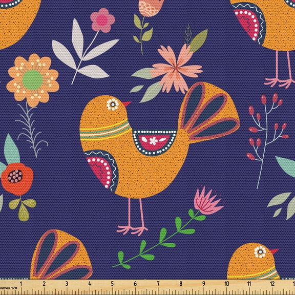 Ambesonne Ethnic Fabric by the Yard Upholstery, Vintage Flowers Birds Art, 1 Yard, Navy Blue and Earth Yellow