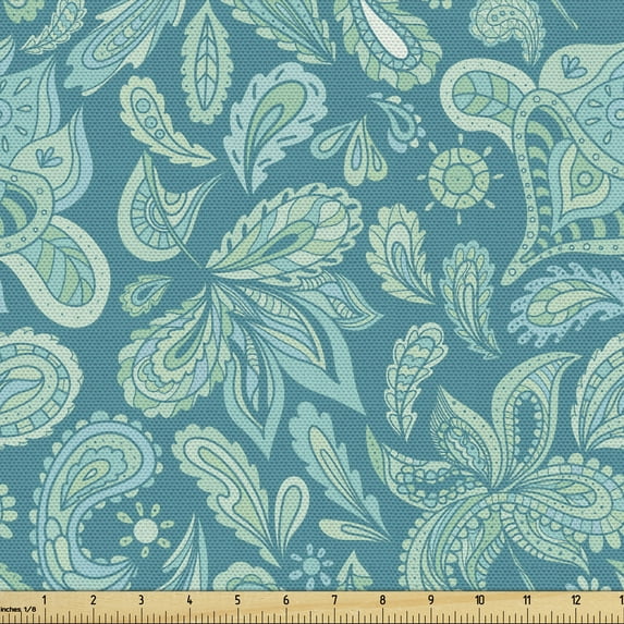 Ambesonne Ethnic Fabric by the Yard Upholstery, Vintage Pastel Paisley, 1 Yard, Turquoise Teal