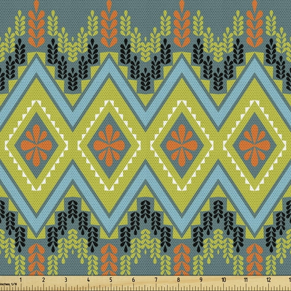 Ambesonne Ethnic Fabric by the Yard Upholstery, Zigzag Flowers Traditional, 2 Yards, Yellow Green and Vermilion