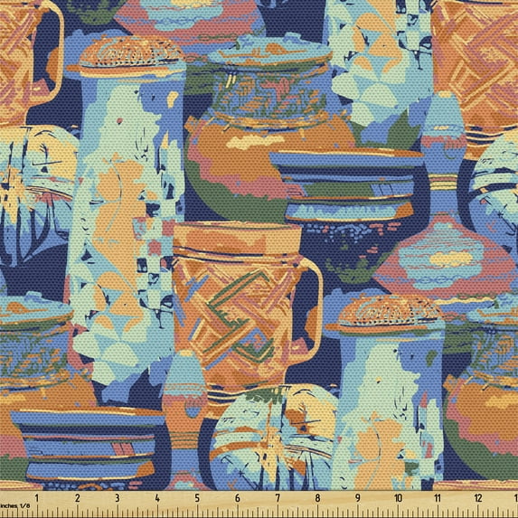Ambesonne Ethnic Fabric by the Yard Upholstery, Vintage Bowls Pots Artwork, 3 Yards, Indigo Orange and Azure Blue