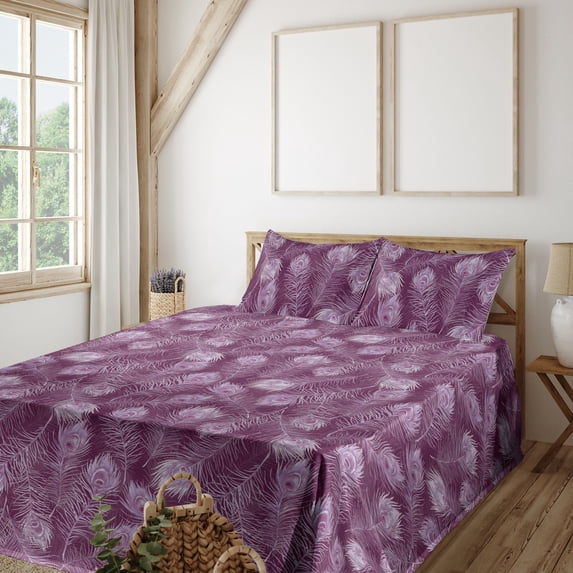 Ambesonne Ethnic Fitted & Flat Sheet with Sham 3 Pcs Set, Pinkish Peacock Feathers, Twin XL, Magenta and Soft Pink