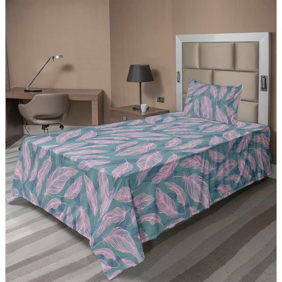 Ambesonne Ethnic Fitted & Flat Sheet with Sham 3 Pcs Set, Tribal Repeating Feathers, Twin XL, Cadet Blue and Soft Pink
