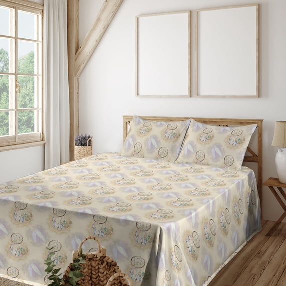 Ambesonne Ethnic Fitted & Flat Sheet with Shams 4 Pcs Set, Feathers Dreamcatcher Art, King, Grey Yellow and Pale Mauve