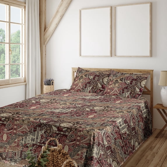 Ambesonne Ethnic Fitted & Flat Sheet with Shams 4 Pcs Set, Traditional Bohemian Blooms, King, Dark Rust Eggshell