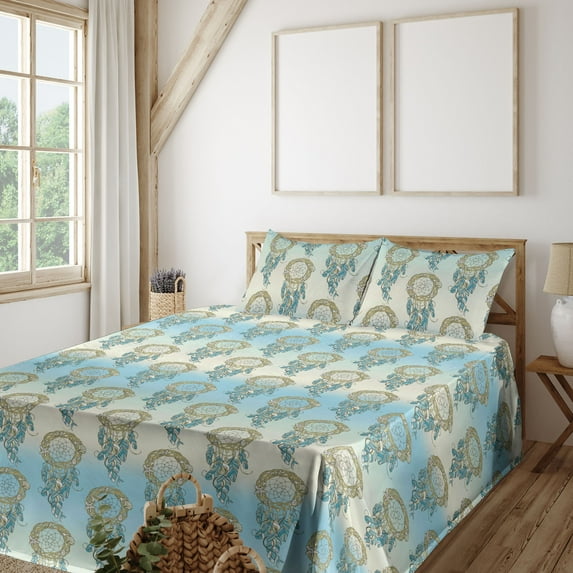Ambesonne Ethnic Fitted & Flat Sheet with Shams 4 Pcs Set, Vintage Dreamcatchers Art, King, Slate Brown and Blue Grey