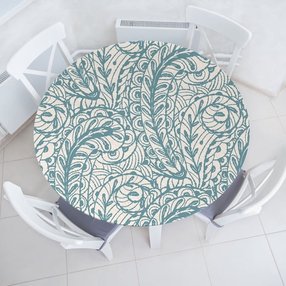 Ambesonne Ethnic Fitted Round Tablecloth, Paisley Flora Fashion Plot, 36"- 40" Diameter, Dark Sea Green and Teal