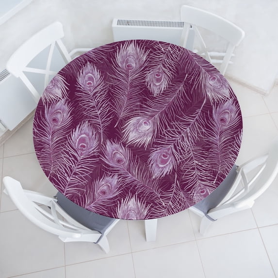 Ambesonne Ethnic Fitted Round Tablecloth, Pinkish Peacock Feathers, 56"- 60" Diameter, Magenta and Soft Pink