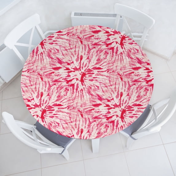 Ambesonne Ethnic Fitted Round Tablecloth, Tie Dye Whimsical Painting, 40"- 44" Diameter, Dark Coral and Pale Rose