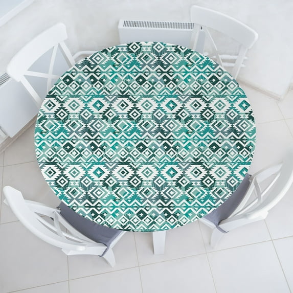 Ambesonne Ethnic Fitted Round Tablecloth, Traditional Chevron Pattern, 36"- 40" Diameter, Dark Seafoam Teal White