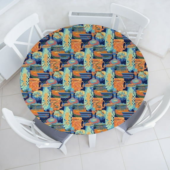 Ambesonne Ethnic Fitted Round Tablecloth, Vintage Bowls Pots Artwork, 56"- 60" Diameter, Indigo Orange and Azure Blue