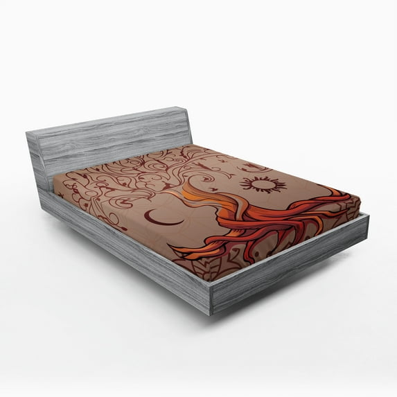 Ambesonne Ethnic Fitted Sheet 2 Pcs Set, Charming Vintage Tree, California King, Orange Mauve Taupe