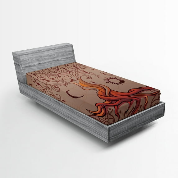 Ambesonne Ethnic Fitted Sheet 2 Pcs Set, Charming Vintage Tree, Twin XL, Orange Mauve Taupe