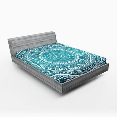 Ambesonne Ethnic Fitted Sheet 2 Pcs Set, Starry Flowers, California King, Dark Turquoise