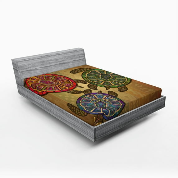 Ambesonne Ethnic Fitted Sheet, 3 Turtles Ornamental, Full Size, Multicolor