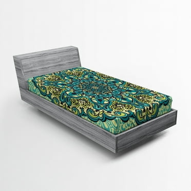 Ambesonne Ethnic Fitted Sheet, Abstract Flower Vibrant, Twin Size, Pale Yellow Turquoise