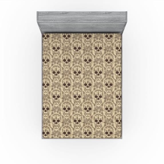 Ambesonne Ethnic Fitted Sheet, American Traditional Skull, King Size, Pale Sepia and Dark Rosewood