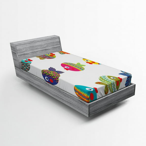 Ambesonne Ethnic Fitted Sheet, Cartoon Fish, Twin Size, Multicolor