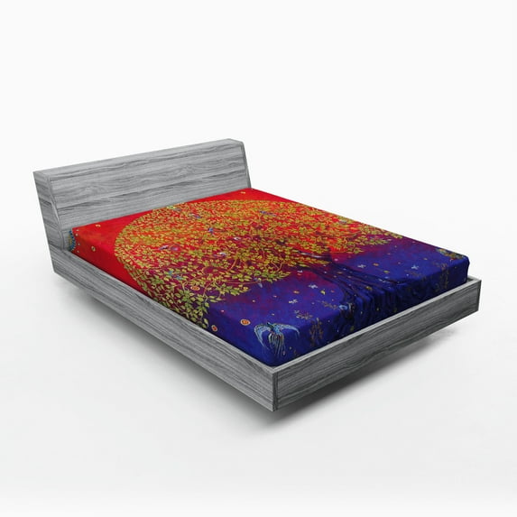 Ambesonne Ethnic Fitted Sheet, Eastern Art, Queen Size, Scarlet Blue