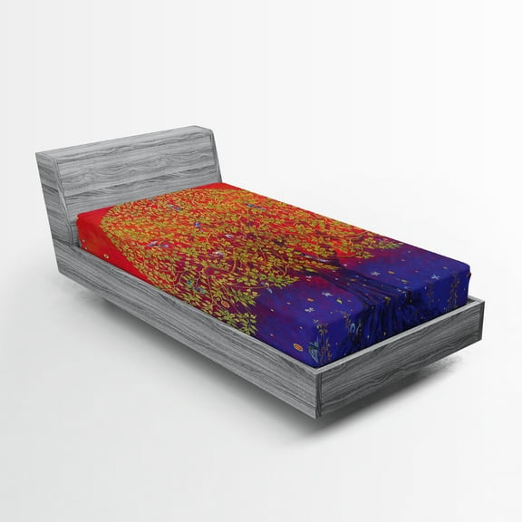 Ambesonne Ethnic Fitted Sheet, Eastern Art, Twin Size, Scarlet Blue