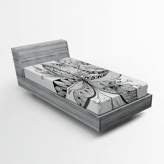 Ambesonne Ethnic Fitted Sheet, Eastern Ornate Flower, Twin Size, Black White