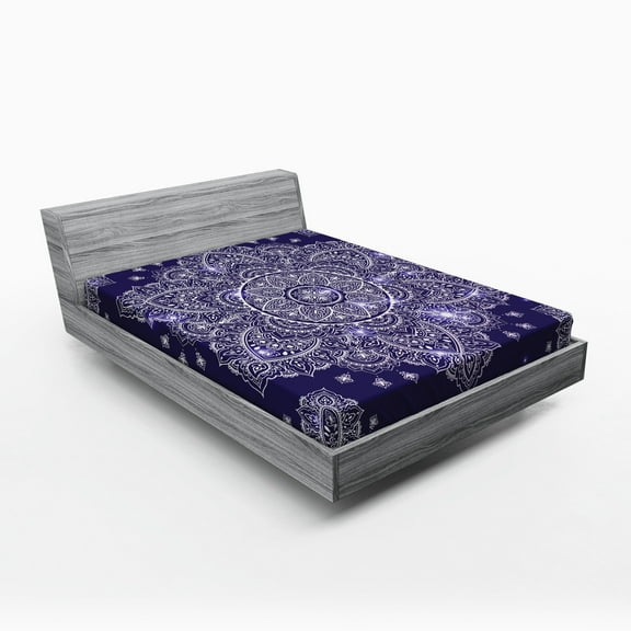 Ambesonne Ethnic Fitted Sheet, Floral Round Retro Ornament, Full Size, Lavender Blue Indigo