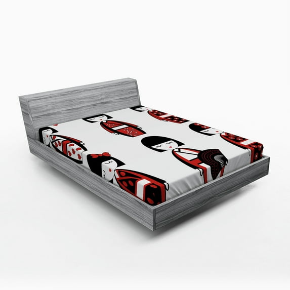 Ambesonne Ethnic Fitted Sheet, Geisha Dolls Folkloric, Queen Size, Black Red