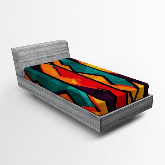 Ambesonne Ethnic Fitted Sheet, Geometric Modern Design, Twin XL Size, Teal Orange Marigold