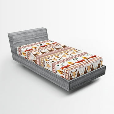 Ambesonne Ethnic Fitted Sheet, Geometrical Borders Art, Twin Size, Red Marigold and White