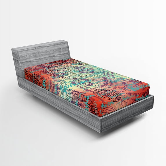 Ambesonne Ethnic Fitted Sheet, Grunge Paisley, Twin Size, Turquoise Orange Black