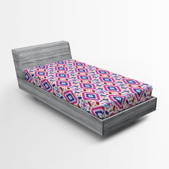 Ambesonne Ethnic Fitted Sheet, Hand Drawn Mayan Sripes, Twin XL Size, Fuchsia Indigo Burgundy
