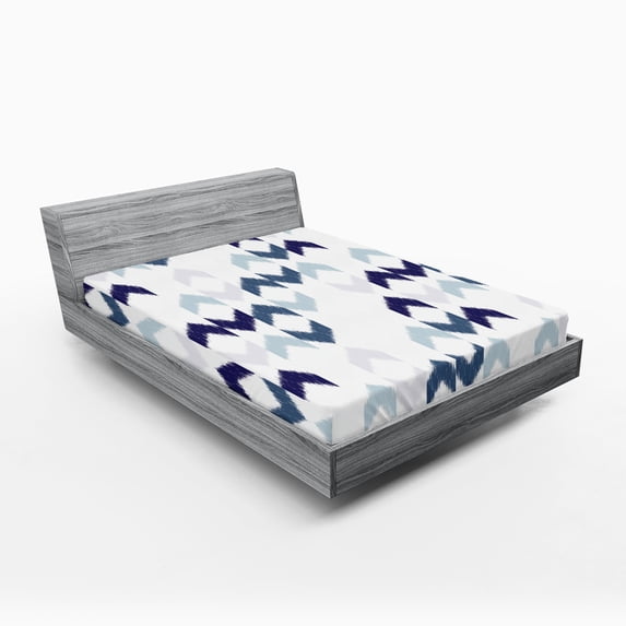 Ambesonne Ethnic Fitted Sheet, Ikat Chevron Zig Zag, Full Size, Slate Blue Purple White