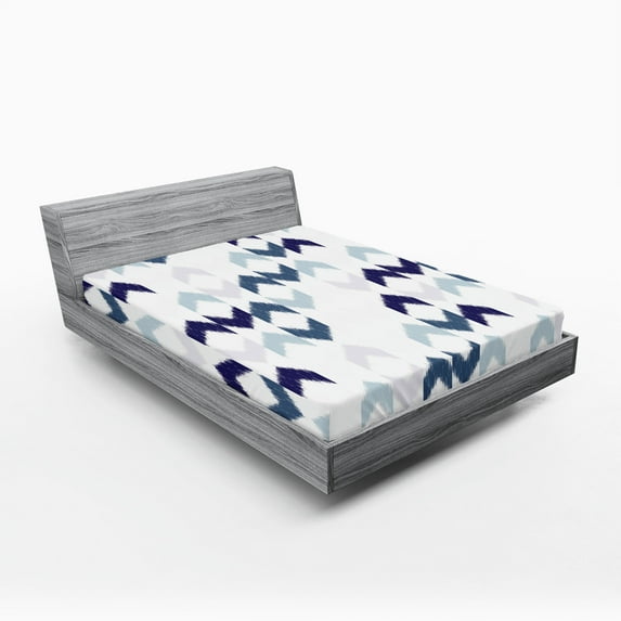 Ambesonne Ethnic Fitted Sheet, Ikat Chevron Zig Zag, Queen Size, Slate Blue Purple White