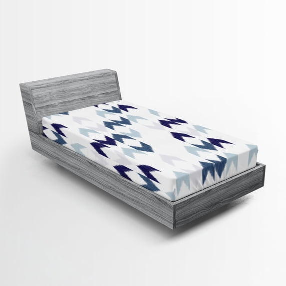 Ambesonne Ethnic Fitted Sheet, Ikat Chevron Zig Zag, Twin Size, Slate Blue Purple White