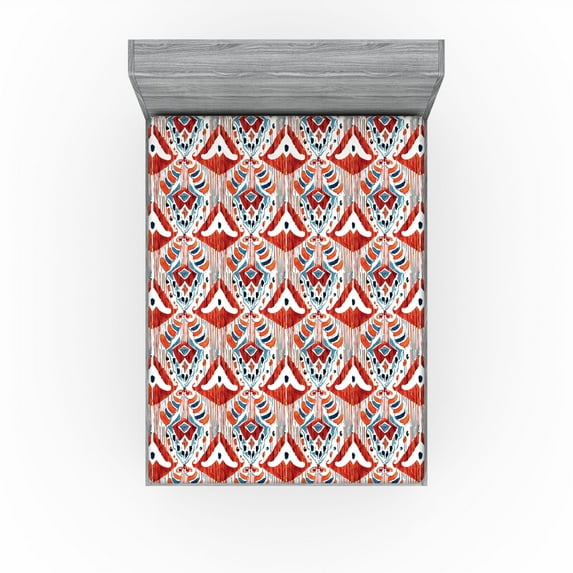 Ambesonne Ethnic Fitted Sheet, Ikat Design Bohemian Print, King Size, Vermilion Sea Blue and White