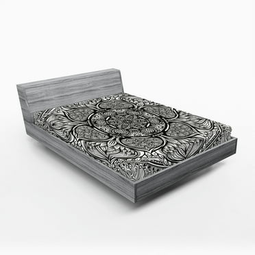 Ambesonne Ethnic Fitted Sheet, Mandala Inspired Native, Queen Size, Black and White