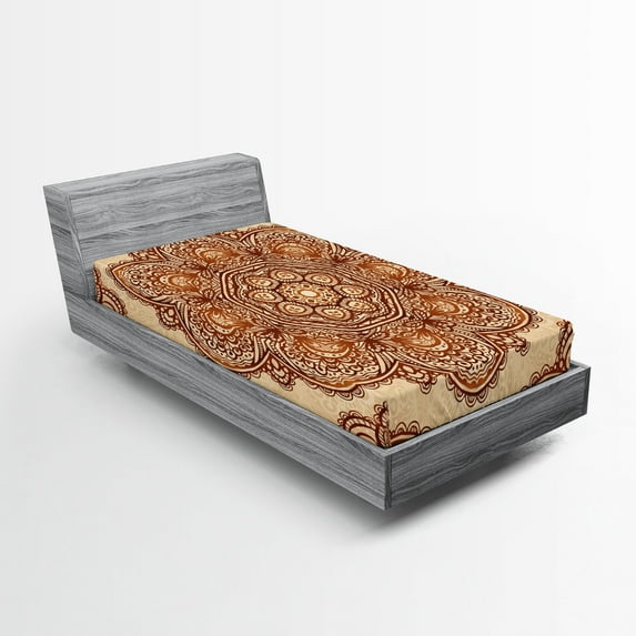 Ambesonne Ethnic Fitted Sheet, Mandala Paisley Floral Art, Twin XL Size, Dark Brown Pale Brown