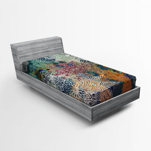 Ambesonne Ethnic Fitted Sheet, Mandala and Peacock Feathers, Twin Size, Multicolor