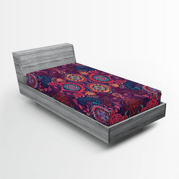 Ambesonne Ethnic Fitted Sheet, Modern Paisley Dot Leaf, Twin XL Size, Multicolor
