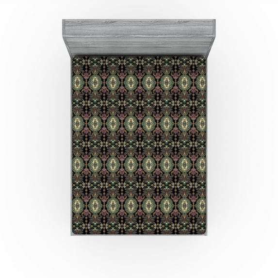 Ambesonne Ethnic Fitted Sheet, Oriental Art Damask Blossom, Queen Size, Charcoal Grey Multicolor