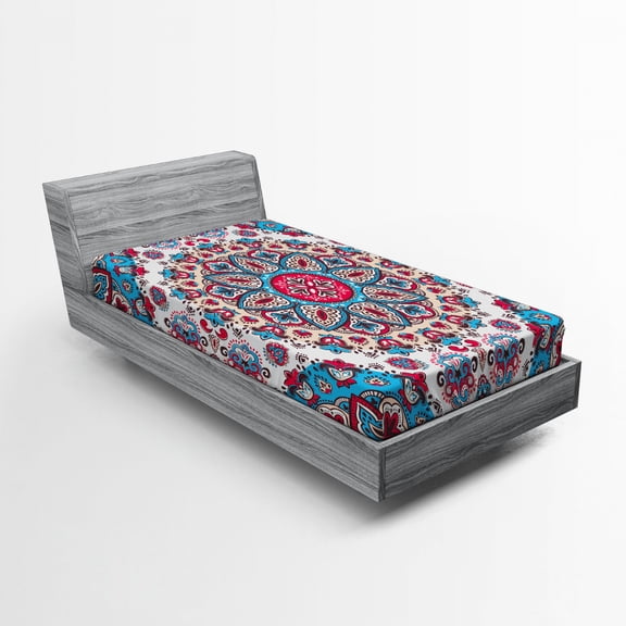 Ambesonne Ethnic Fitted Sheet, Oriental Style Floral Retro, Twin XL Size, Turquoise Pale Pink