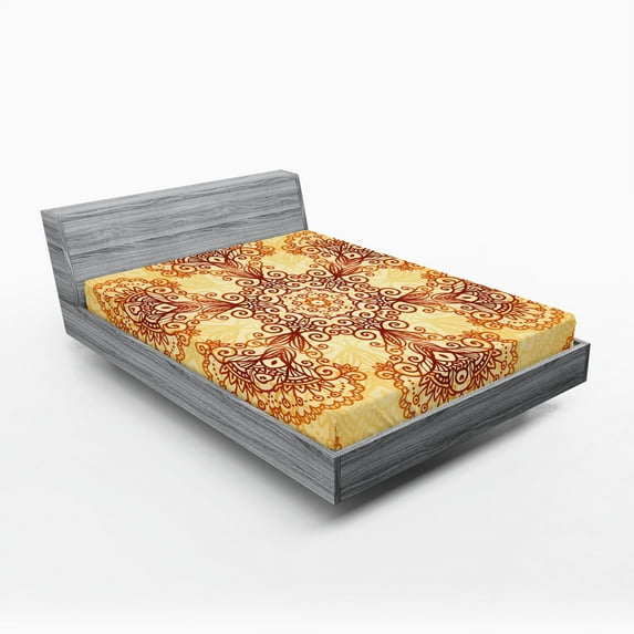 Ambesonne Ethnic Fitted Sheet, Oriental Vintage Ornaments, Full Size, Dark Orange Apricot