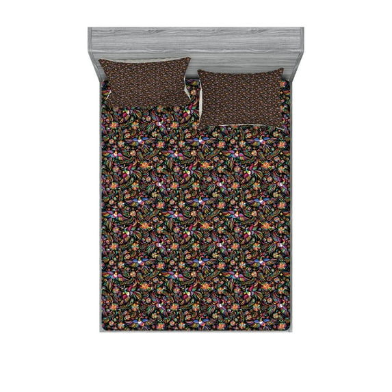 Ambesonne Ethnic Fitted Sheet & Pillow Sham Set, Abstract Flowers and Phoenix, Full, Multicolor