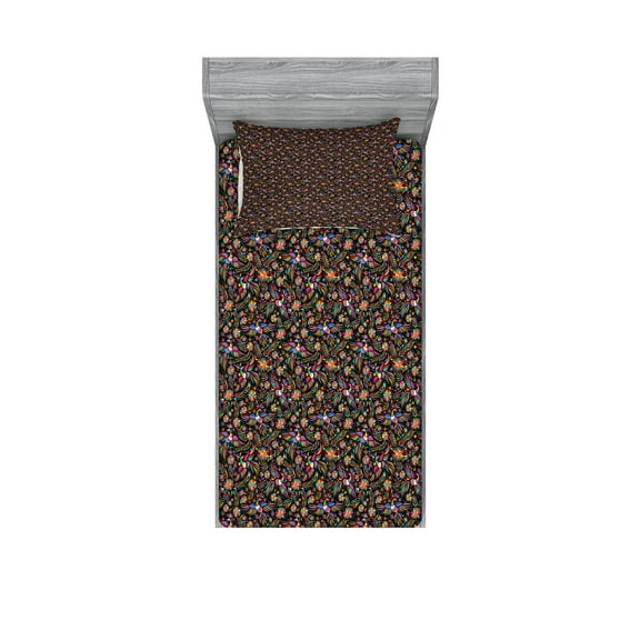 Ambesonne Ethnic Fitted Sheet & Pillow Sham Set, Abstract Flowers and Phoenix, Twinxl, Multicolor