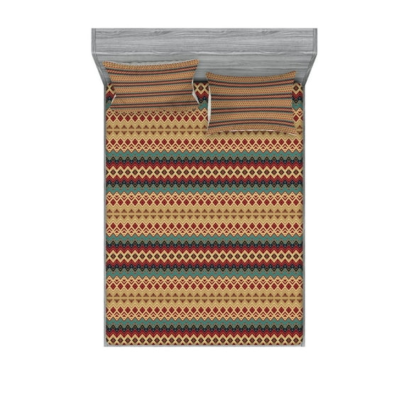 Ambesonne Ethnic Fitted Sheet & Pillow Sham Set, Aztec Line Pattern, Full, Turquoise Burgundy