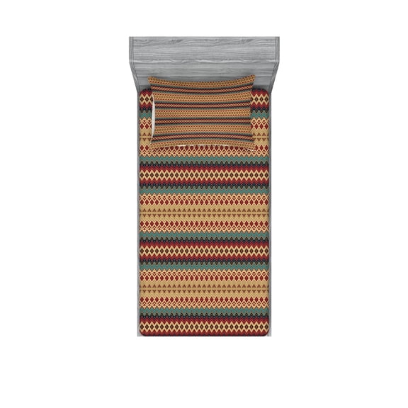 Ambesonne Ethnic Fitted Sheet & Pillow Sham Set, Aztec Line Pattern, Twin, Turquoise Burgundy
