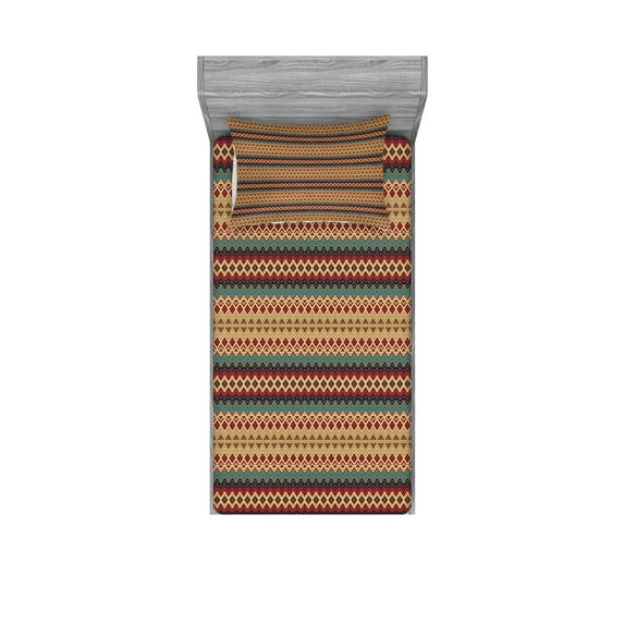 Ambesonne Ethnic Fitted Sheet & Pillow Sham Set, Aztec Line Pattern, Twin, Turquoise Burgundy