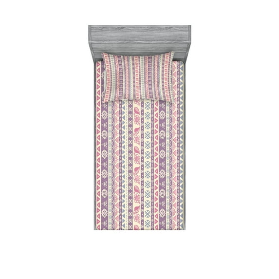 Ambesonne Ethnic Fitted Sheet & Pillow Sham Set, Aztec Style Floral Leaves, Twinxl, Pale Pink Mauve