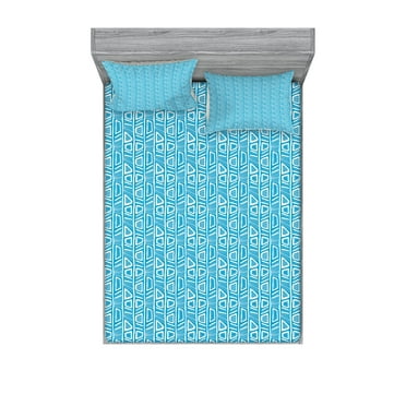 Ambesonne Ethnic Fitted Sheet & Pillow Sham Set, Bicolor Geometric Shapes, Queen, Blue and White